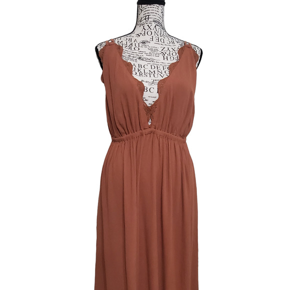 Wishlist Apparel Brown Maxi Dress Strappy Open Back Deep V Neck Flowy Large - Picture 7 of 14